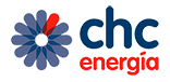 Logotipo de CHC Energía, que presenta un diseño floral en tonos azul y rojo, simbolizando innovación y sostenibilidad en el sector energético.