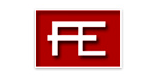 Logotipo de la empresa FE, con letras blancas sobre un fondo rojo, representando una marca moderna y dinámica.